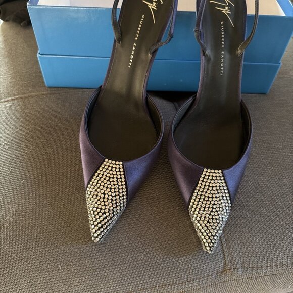 Giuseppe Zanotti Shoes - Giuseppe Zanotti Sling Back Heels Evening Navy Satin With Crystals